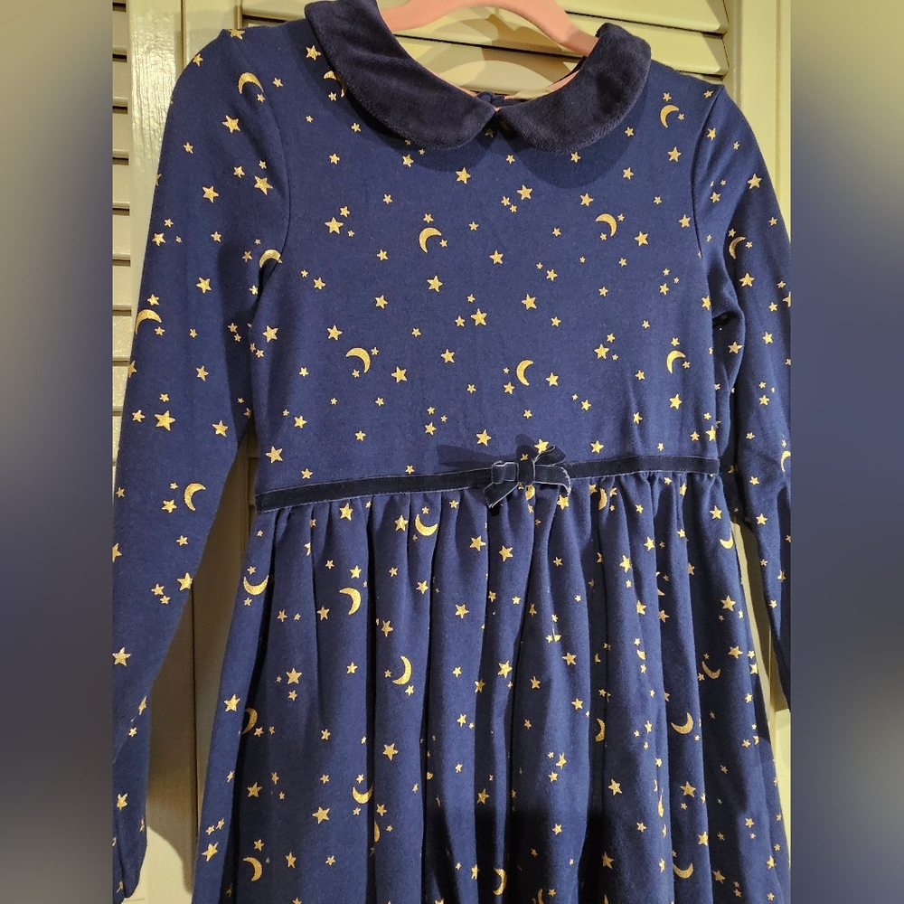 Mini Boden Kid's Peter Pan Collar Shimmery Stars and Moons Twirly Dress